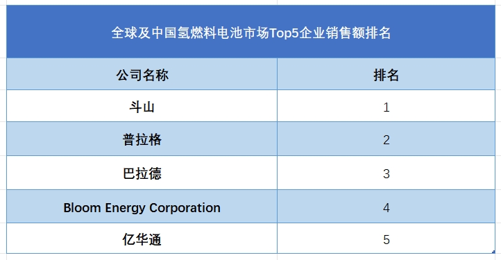 全球及中國氫燃料電池市場Top5企業(yè)營收排名