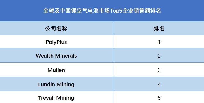 全球及中國鋰空氣電池市場Top5企業(yè)營收排名