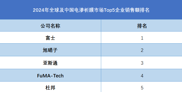 2024年全球及中國(guó)電滲析膜市場(chǎng)Top5企業(yè)銷售額排名